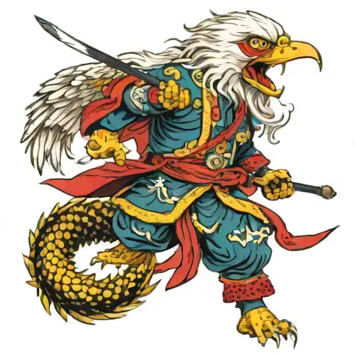 Tibetan Warrior Fight Eagle Monster With Bow And Sword