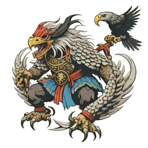 Tibetan Warrior Vs Eagle Monster With Bow And Sword