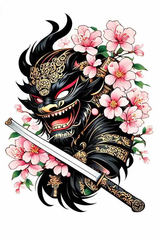 Oni Mask With Katana And Sakura Blossom