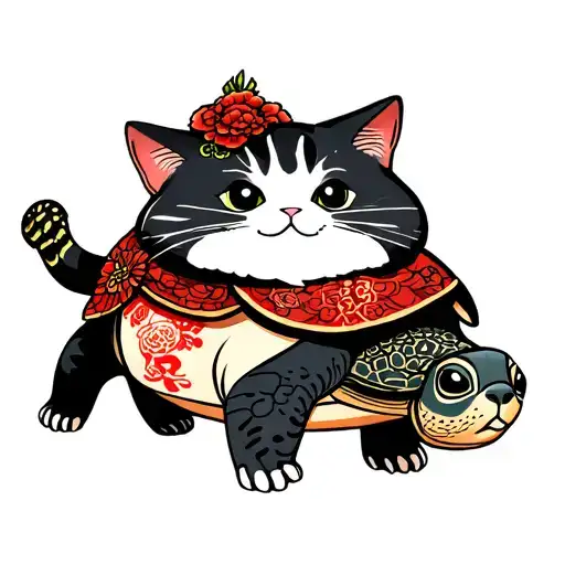 Cute Fat Cat With A Turtle Riding On The Back