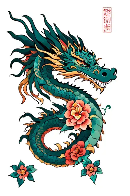 Dragon On Back With Flowers