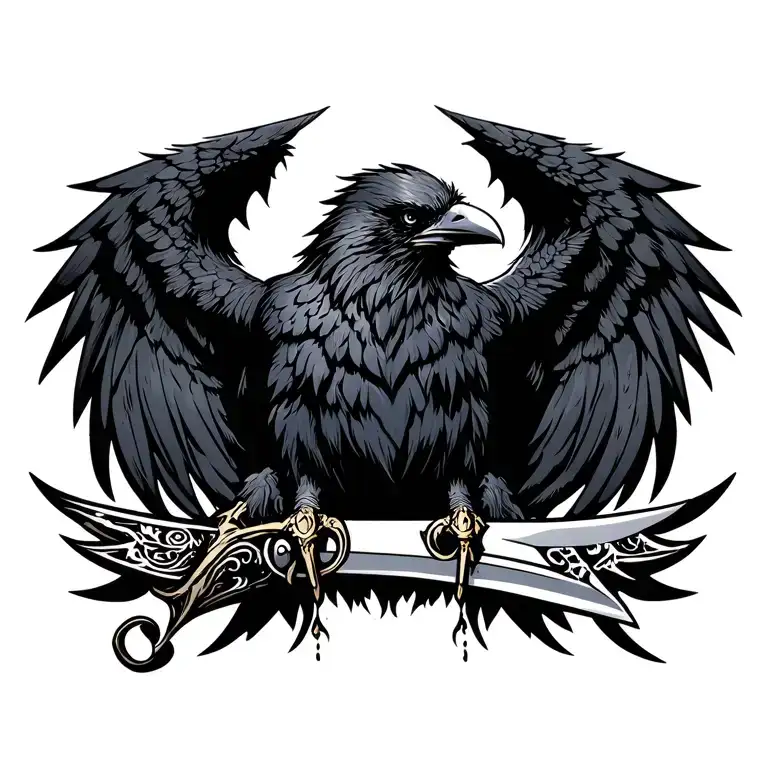Gothic Norse Crow With Wings Spred Out Under Neck On Chest Add Dagger Down The Center