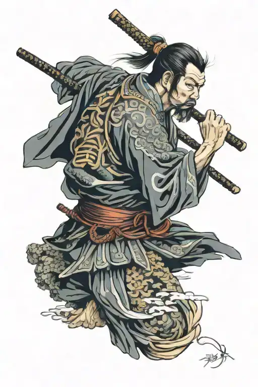 Make A Samurai Man With A Head On His Hand