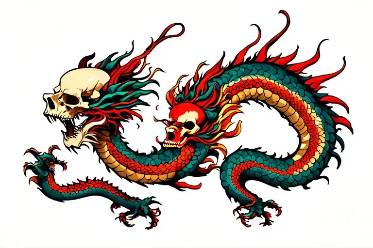 Chinese Dragon Chest Tattoo With Skulls Surrounded