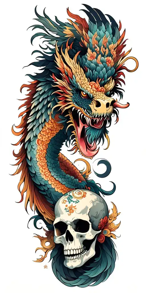 Chinese Dragon And Phoenix And Skull And Moon And Raven