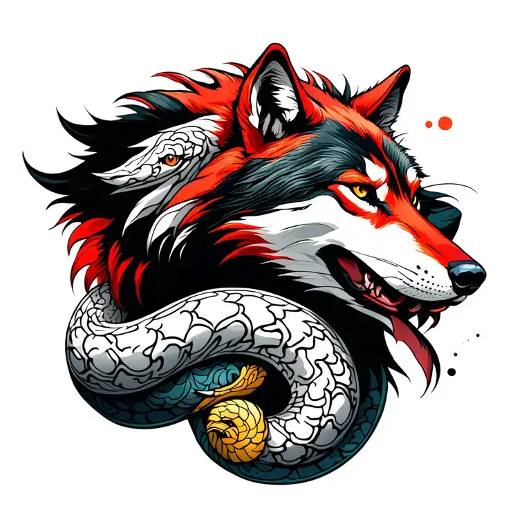 A Huge Red -Looking Red Wolf With A White Snake With Black And Yellowish Spots Rodeanod