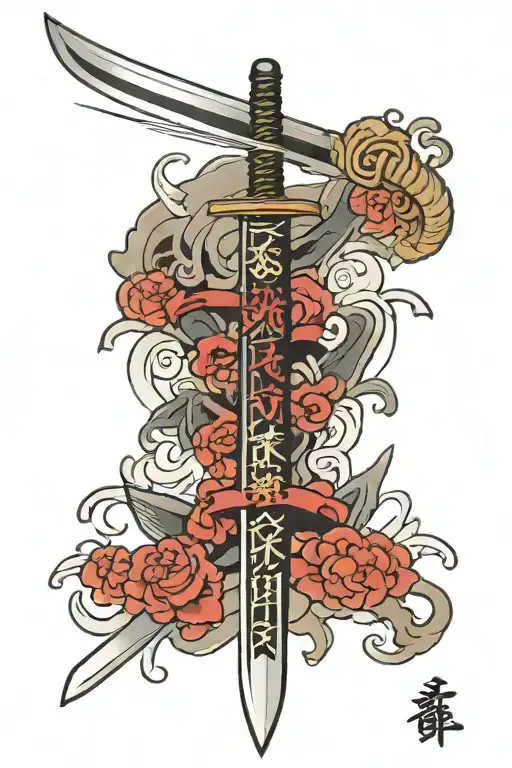 Katana Sword With Kaizen Spelled Out As The Sharp Blades