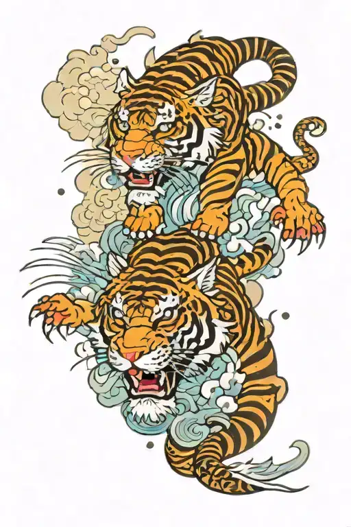Tiger Fighting Dragon Glory Bright Glitter Shining Clouds