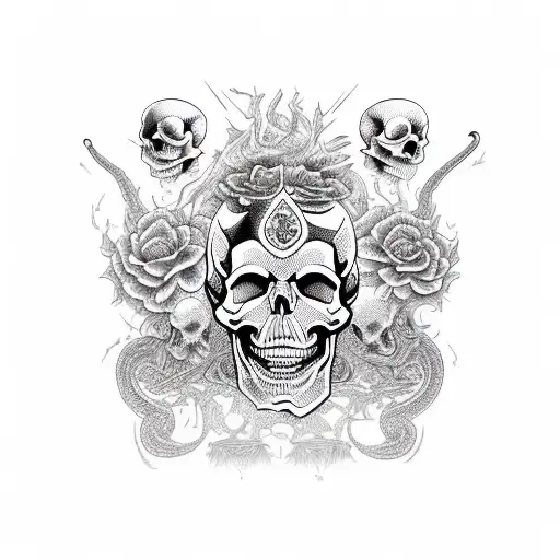 Skull And A Black Snake With Red Head