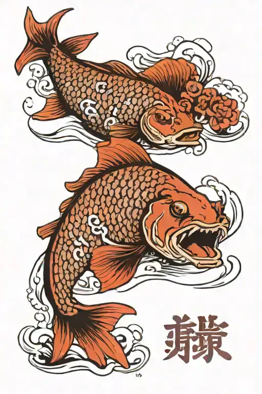 Carp With A Chanya Mask Against The Background Of A House And Waves