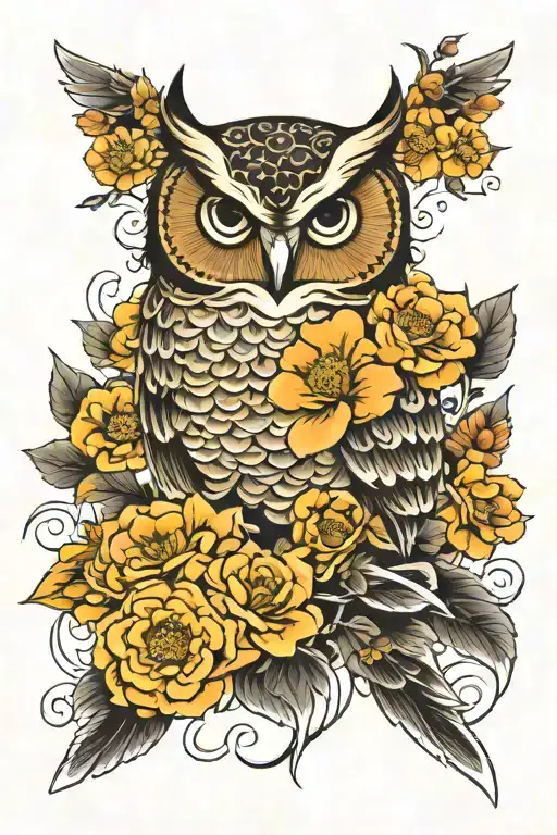 Owl And Flowers Surrounding