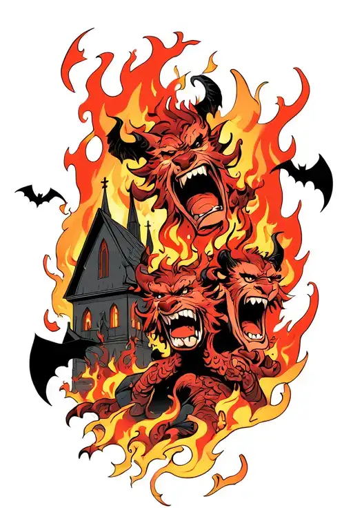 One Laughing Demon And One Serious Demon With Flames And A Burning Church In The Background And Bats