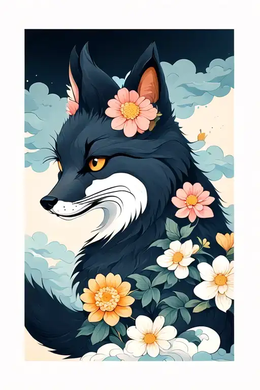 Fox With Chrysanthemum Blossom And Clouds In The Background