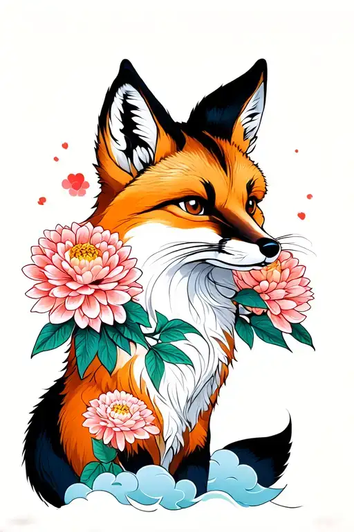 Fox With Chrysanthemum Blossom And Clouds In The Background