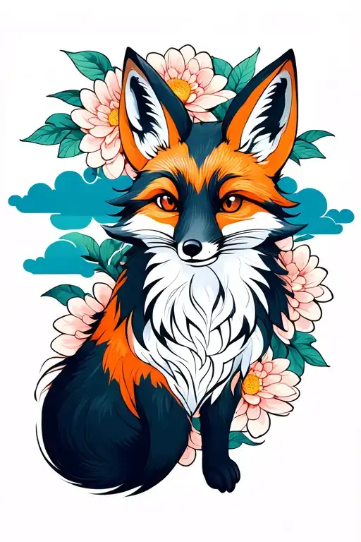 Fox With Chrysanthemum Blossom And Clouds In The Background