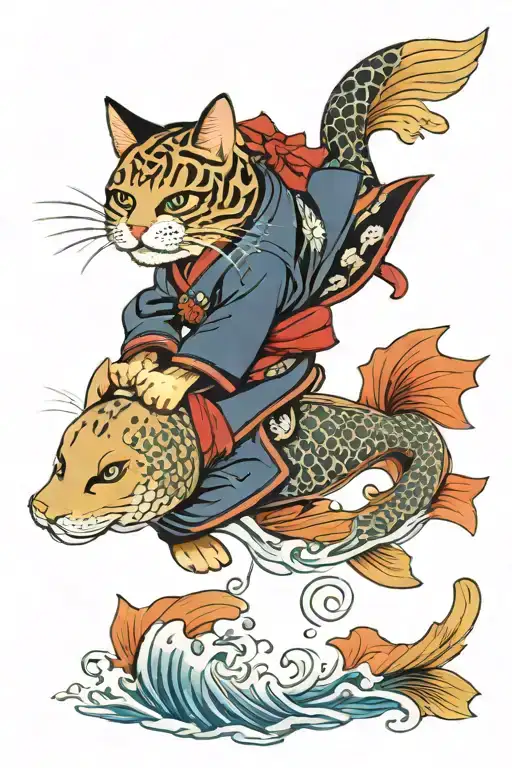 Samurai Tabby Cat Riding Koi Fish Jumping
