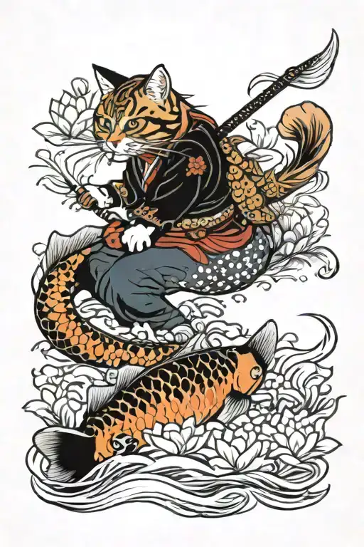 Samurai Tabby Cat Riding Koi Fish In Water With Lotus