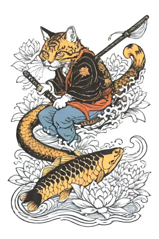 Samurai Tabby Cat Riding Koi Fish In Water With Lotus