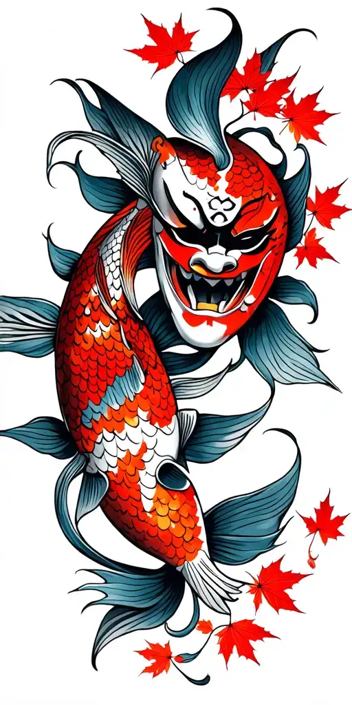 Hannya Mask With Koi Fish Upstream And Red Maple Leaves