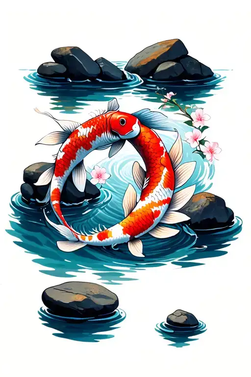 Two Koi Fish Swimming In A Circle In River With Nice Rocks And Cherry Blossoms