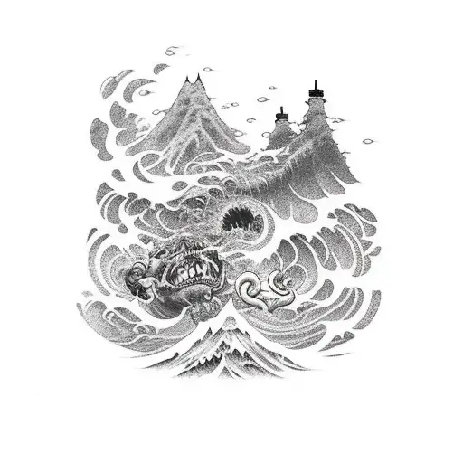 A Lion And An Oni Fighting Under A Sea Wave With A Mountain In The Background