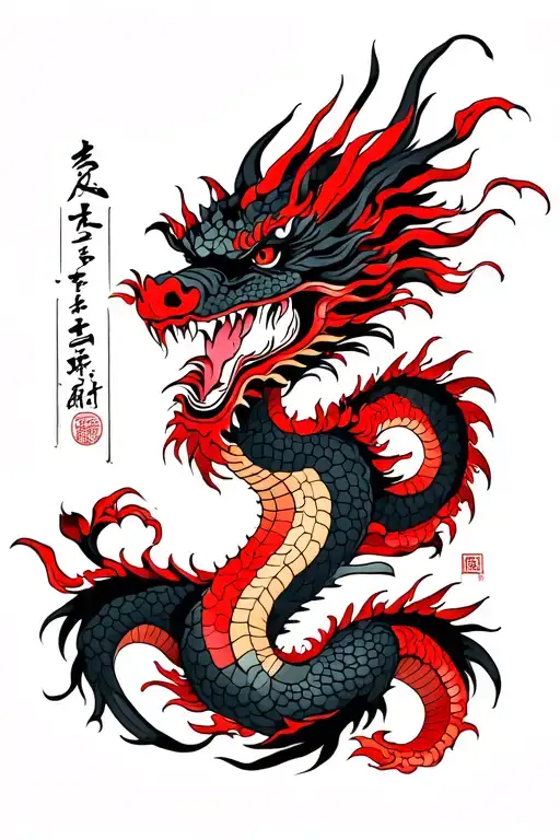 Black And Red Ink Dragon And Samurai Tattoo For Forearm