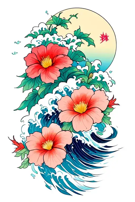 A Tattoo That Starts At The Hip And Ends At Elbow With Flowers And Waves In The Japanese Style