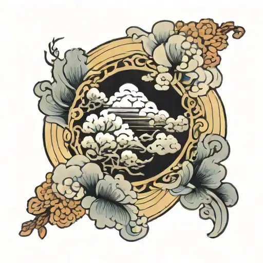 Japanese Clouds And Flowers In A Round Shape