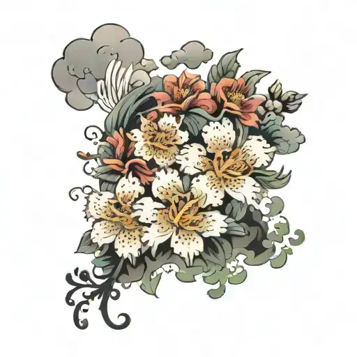Colorful Japanese Flowers And Clouds