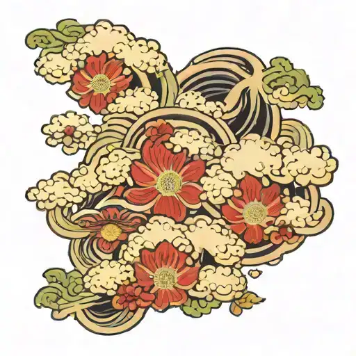 Thick Line Of Japanese Clouds And Flowers