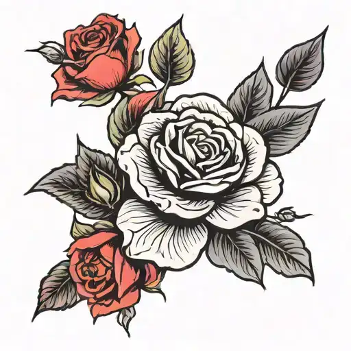Line Out Line Black Tattoo Of Rose Flower With Leaves