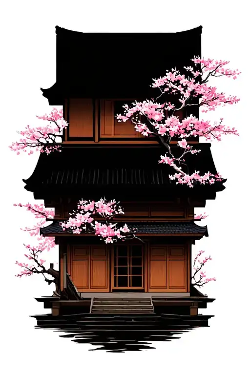 Japanese House With Chery Blossom Tree And Sakura In Background