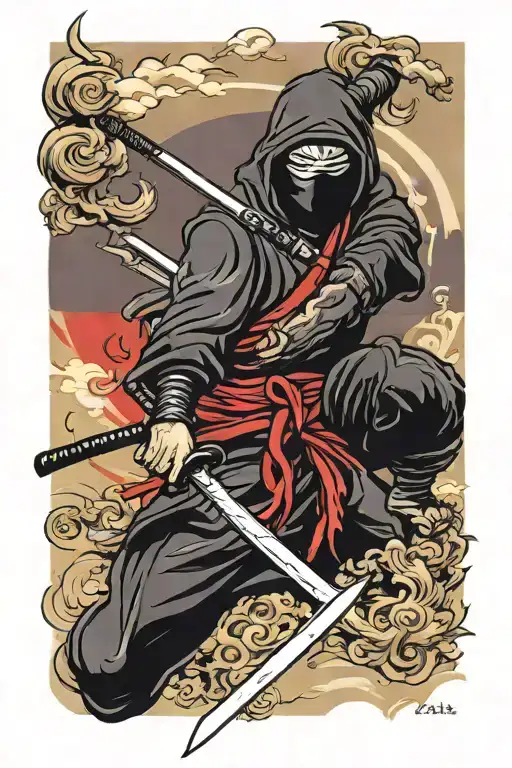 Ninja With Katana With Rising Sun Rising