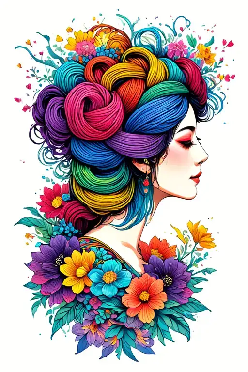 Woman Face Side Profile With Colorful Yarn Exploding Out Of Top Of Head Surrounded By Flowers