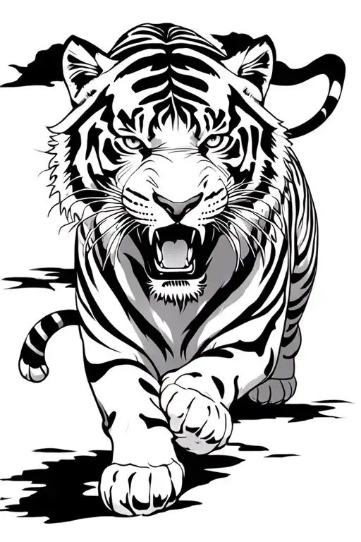 Full Body Tiger Walking And Roaring Black And White Color