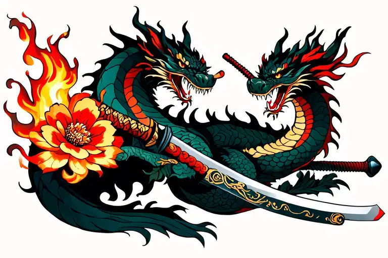 Katana With Flowers On Fire Breathing Dragon