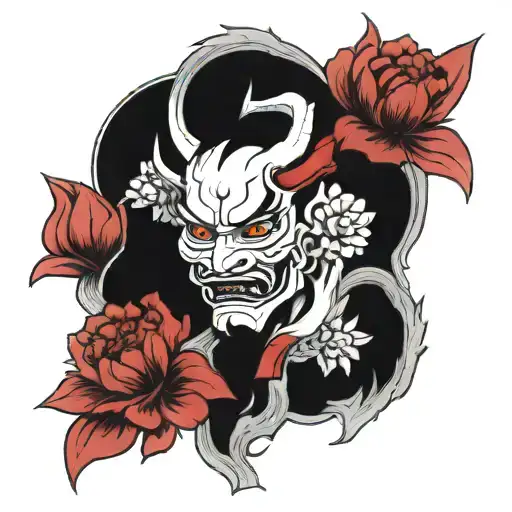 Japanese Hannya Divided Into 2 With Red Peonies In The Center And Red Falling Petals