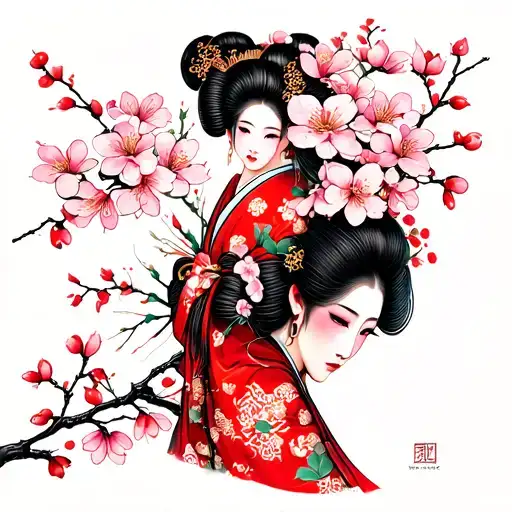 Cherry Blossom Flowers And Geisha