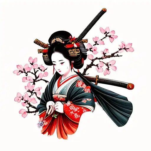 Cherry Blossom Flowers And Geisha Holding A Katana