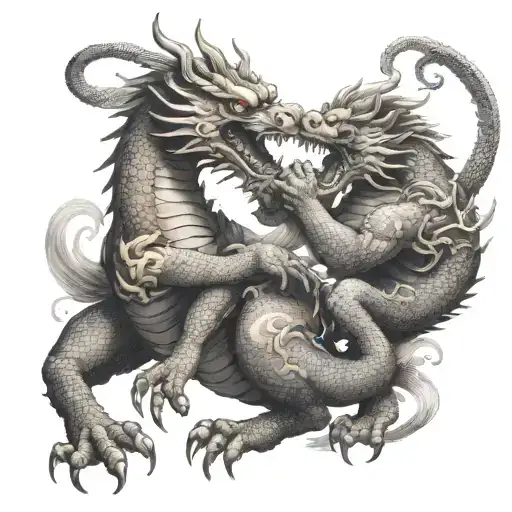 A Chinese Style Dragon Fighting Against A Buddist Liondog