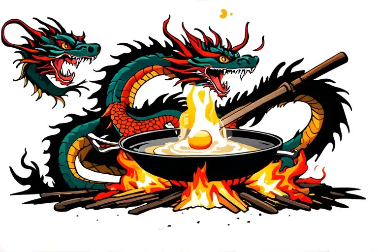 Japanese Dragon Over A Camp Fire Flipping An Egg In A Skillet