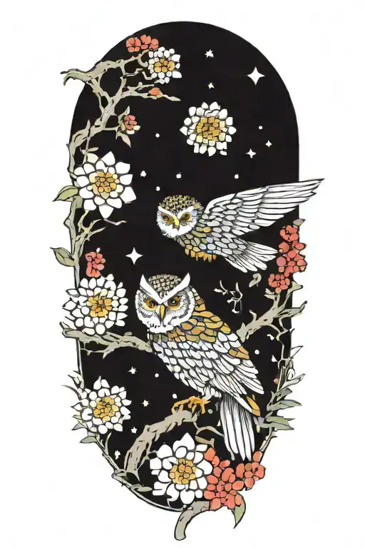 Colorful Owl With A Chrysanthemum And Starry Background