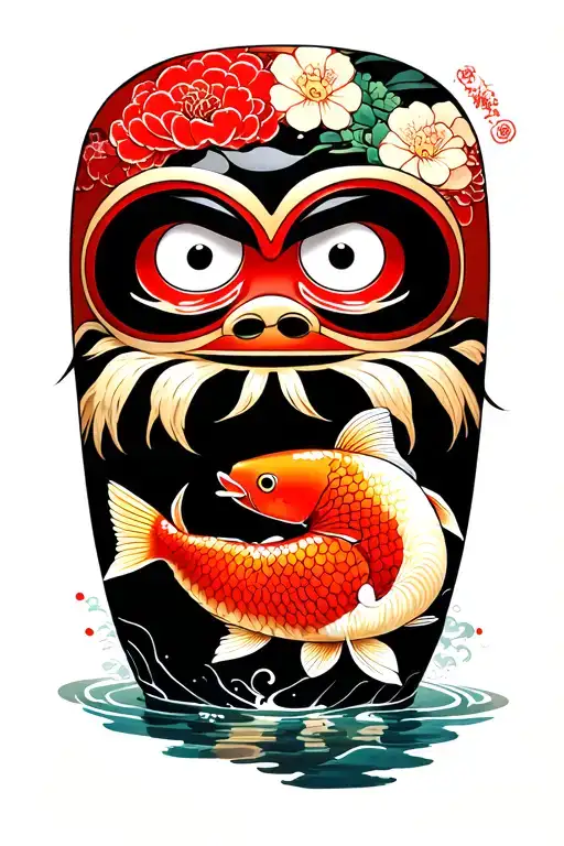 Daruma Doll And Koi Fish Black