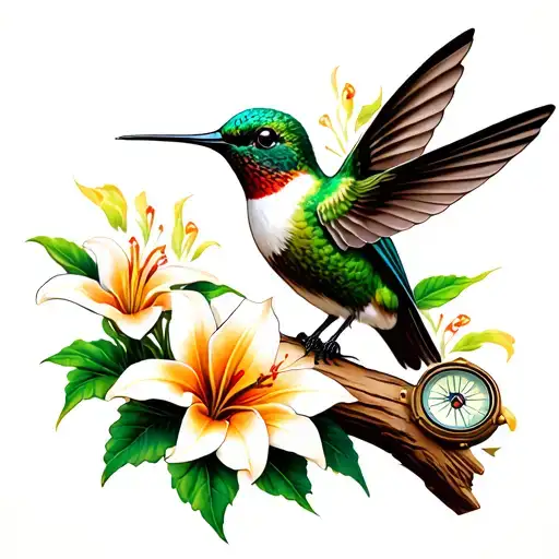 Realistic Scatch Of Hummingbird Perched On Dog Wood With Lillys With A Compass