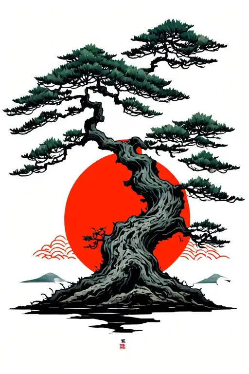 Japanese Bonsai Tree Without Leaves In Front Of The Rising Sun