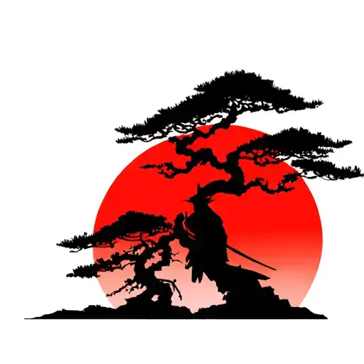 Japanese Ronin Warrior Sillhouette Beside A Dead Bonsai Tree In Front Of The Rising Sun