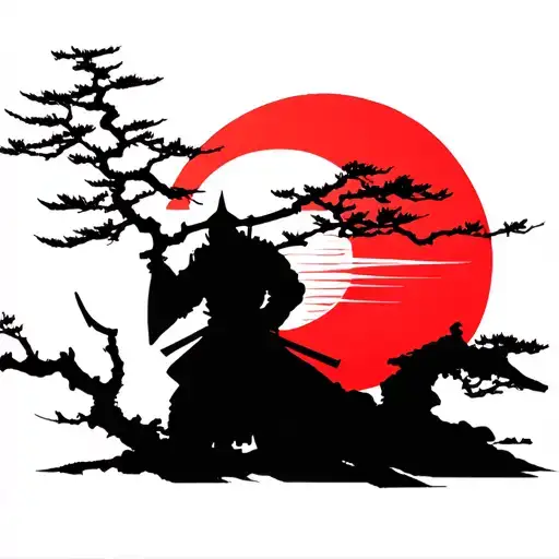 Japanese Ronin Warrior Sillhouette Beside A Dead Bonsai Tree In Front Of The Rising Sun