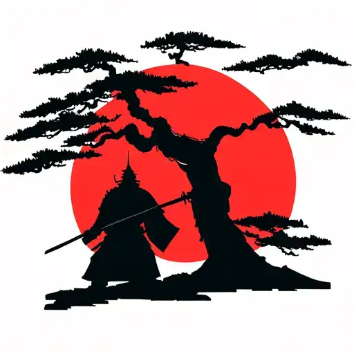 Japanese Ronin Warrior Sillhouette Beside A Bonsai Tree In Front Of The Rising Sun