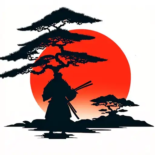 Japanese Ronin Warrior Sillhouette Beside A Bonsai Tree In Front Of The Rising Sun