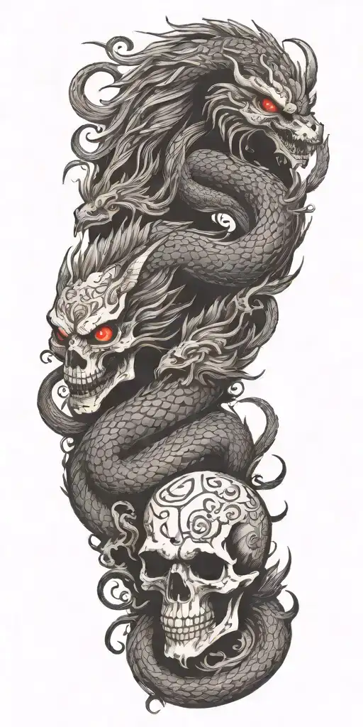 Chinese Dragon And Phoenix And Skull And Moon And Raven
